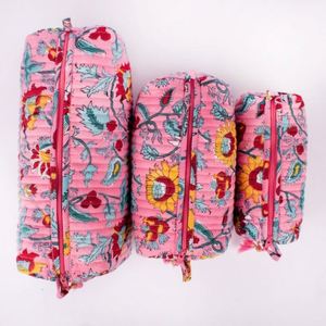 Custom Women Eco-Friendly Recyclable Quilted Zipper Foldable Lightweight Large Cosmetic Bag Travel <b>Storage</b> Flower Printed Cotton - Product Image 4