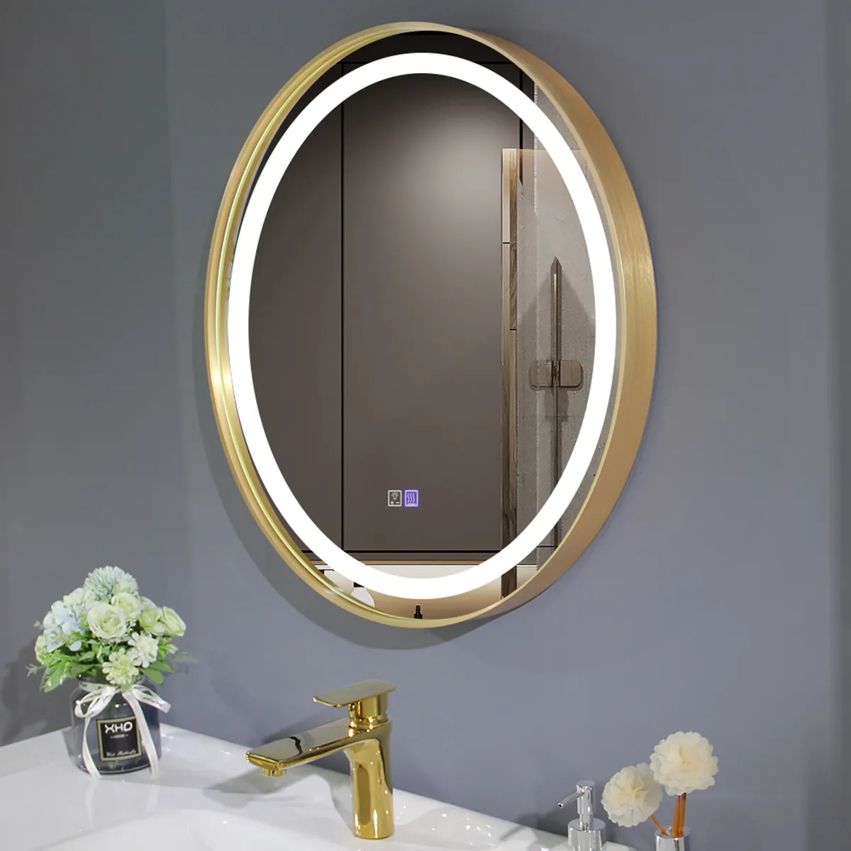 กระจกโต๊ะเครื่องแป้งกรอบกลม,กระจกส่องสว่างหรี่แสงได้ป้องกันหมอก IP44กระจกติดผนังห้องน้ำกันน้ำพร้อมไฟ