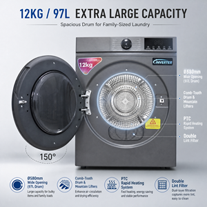 Asciugatrice a Tamburo Ventilata da 12kg a Caricamento Frontale per Casa, Hotel, Appartamento, 1500W, Riscaldamento PTC, IPX4, Bianco Grigio - Product Image 3