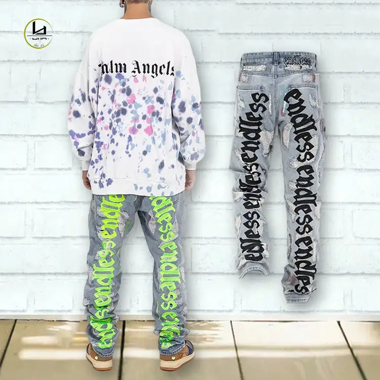 High street fashion men's ripped prtin jeans loose letter embroidery jeans wholesale custom distressed jeans men