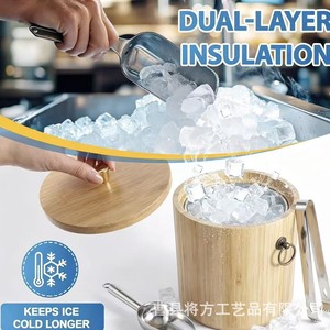Wooden Ice <b>Bucket</b> <b>With</b> <b>Lid</b> And Tongs Set For Parties And Home Use Round Minimalist Design - Product Image 3