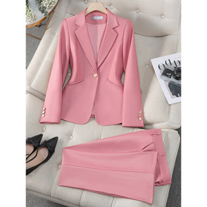 Pink Women's Suit <b>Set</b> Solid Color Satin Long Sleeve <b>Blazer</b> Pants Formal Workwear Office Wear Four Seasons Casual Suit - Product Image 1