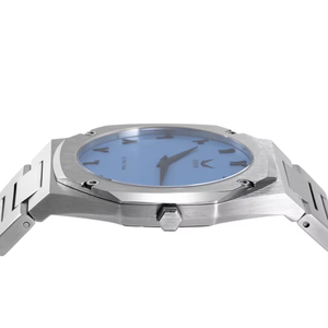 Montre personnalisée OEM, bracelet en cuir simple, étanche 30 mètres, ultra-fine, cadran bleu mat classique, quartz. - Product Image 1
