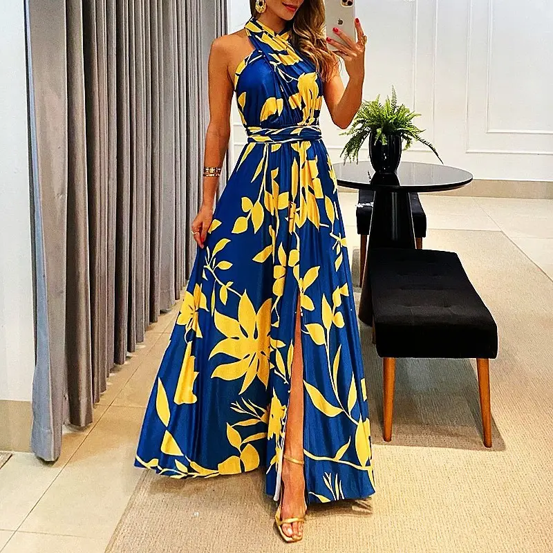 BM2004 High Quality Ropa Mujer Elegant Lady Casual Floral Slit Dress Backless Halter Maxi Chiffon Dresses Women