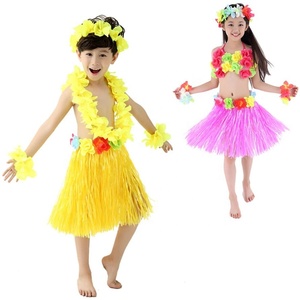 Jupe en herbe hawaïenne pour enfants de 40 cm de long, élastique, avec fleurs d'hibiscus, pour fête d'anniversaire, décorations de fête tropicale - Product Image 3