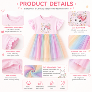 Vestito Tutu Rosa Arcobaleno <span class=keywords><strong>per</strong></span> Bambine con Maniche a Sbuffo e Motivo Coniglietto in Cotone Organico, Abito Casual <span class=keywords><strong>per</strong></span> Bambini 20 Anni OEM ODM - Product Image 2