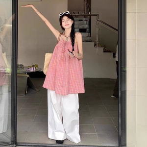 Korean Style Pink Plaid Spaghetti Strap Dress Loose Waist Daily Casual Dress Polyester Fabric Simple Design - Product Image 4