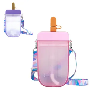 300ml 2024 New Summer Creative Cute Strap Popsicle Ice Cream Plastic Water Bottle For Kids Student Portable Straw Cup