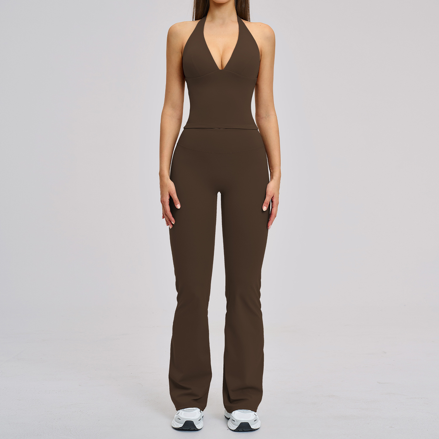 กางเกงขาบานและเสื้อกล้าม - สีดำกาแฟ