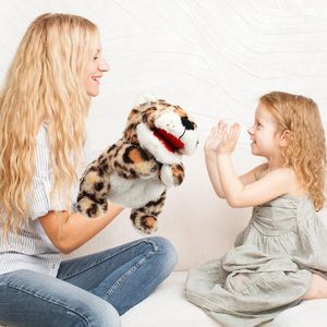 Con boca móvil abierta, juego de rol para contar cuentos, enseñanza, teatro de marionetas, marionetas de mano de tigre de peluche, regalos de cumpleaños, blanco - Product Image 6
