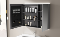 Meuble de salle de bain en contreplaqué avec miroir gris, vasque flottante, éclairage LED tactile intelligent, double porte, étagères latérales de rangement pour appartement
