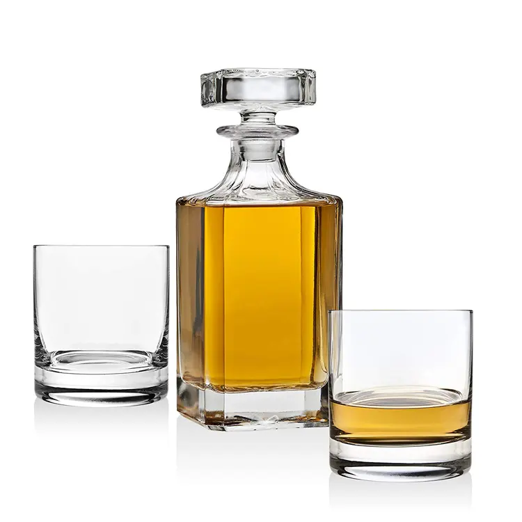 Decanter di Whisky Bourbon quadrato in vetro cristallo senza piombo vintage a buon mercato Whisky con bicchiere Set vetro borosilicato