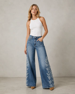 Jeans amples pour femmes en denim délavé moyen <span class=keywords><strong>avec</strong></span> broderie latérale, 100 % coton, vente en gros OEM - Product Image 3