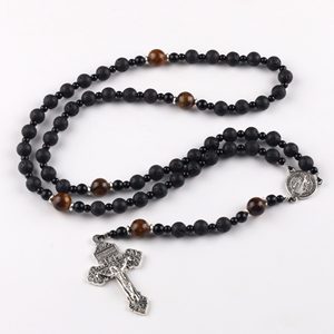 Classic Religious 8mm Black Lava Stone Beads Rosary <strong>Necklace</strong> with St Benedict Crucifix Cross for Men - Product Image 2