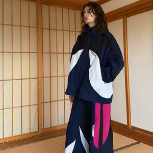 Ensemble <span class=keywords><strong>jogging</strong></span> deux pièces en nylon avec veste zippée à blocs <span class=keywords><strong>de</strong></span> couleur et <span class=keywords><strong>pantalon</strong></span> long, design personnalisé, patchwork, super <span class=keywords><strong>grande</strong></span> <span class=keywords><strong>taille</strong></span>, à capuche, pour l'hiver - Product Image 1