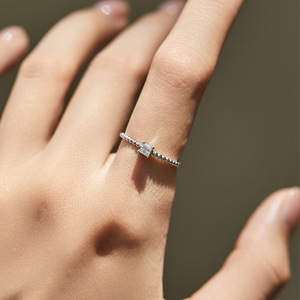 S925 <b>Silver</b> Princess Cut Diamond <b>Ring</b> with Tiny <b>Emerald</b> Cut CZ Bezel Setting Minimalist Engagement Band Women's Jewelry - Product Image 4