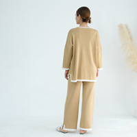 Ensemble assorti 2 pièces pour femme, haut tunique à manches longues et col rond avec bordure contrastante et pantalon large, tenue ample
