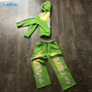 Ensemble de sweat à capuche zippé en éponge pour homme avec poche kangourou Applique et impression personnalisées Lavage de singe Cordon de serrage réglable - Product Image 4