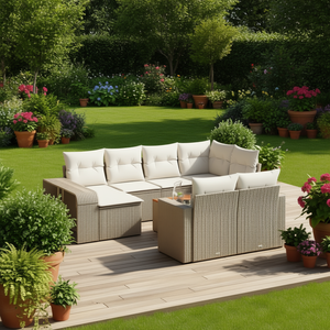 Set Divano da Giardino in Rattan Beige 6 Posti, Arredamento da Esterno Contemporaneo Resistente alle Intemperie, Divano Sezionale da Patio - Product Image 2