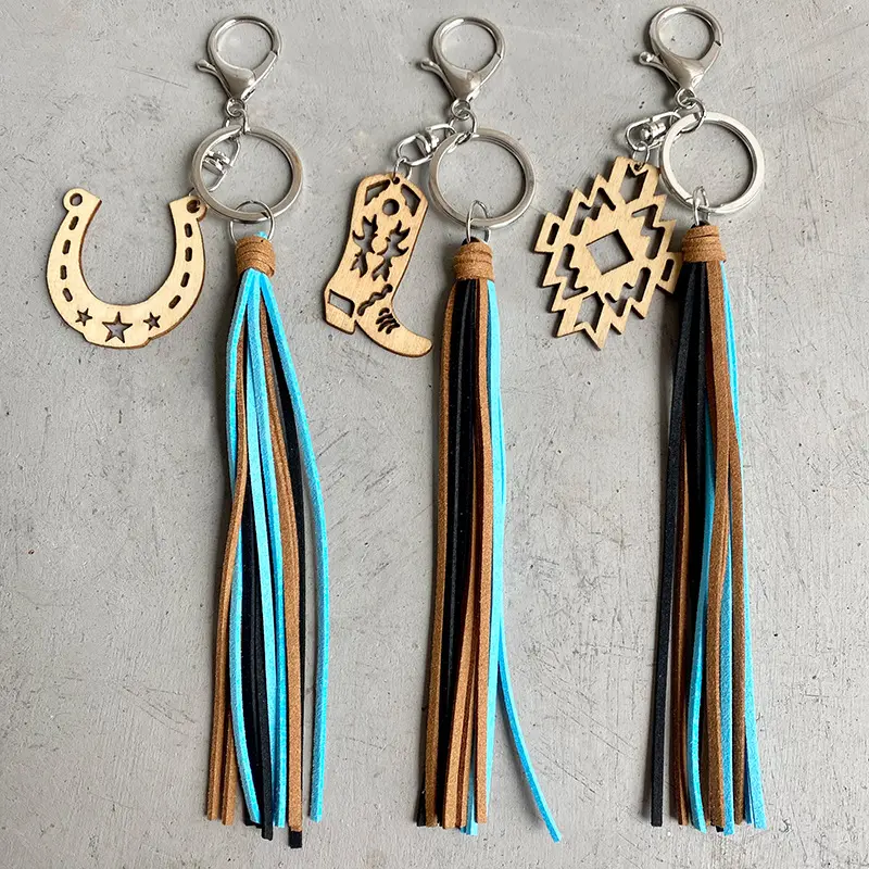 Wholesale Hot Sale Style Pendant Aztec Horseshoe Cowboy Wood Key Chain Vintage Old Leather Tassel Pendant Key Chain