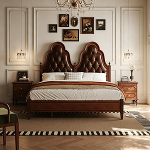 Traditional Wooden King Size Bed Frame with Tufted Genuine Leather Upholstered Headboard and Arched Design - Product Image 5