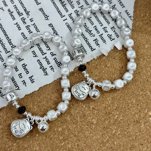 999 Pure <b>Silver</b> Lucky Cat Bracelet With Pearl <b>Beads</b> Unisex Gift Jewelry - Product Image 4