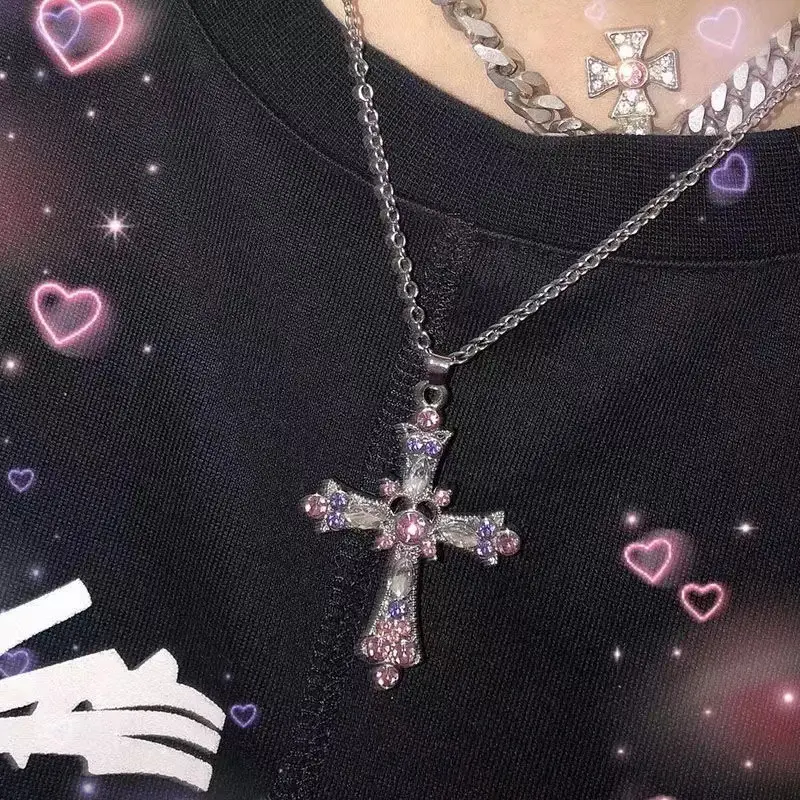 Gothic Pink Cross Necklace Purple Zircon Punk Pendant Necklace Grunge Heart Cross Necklace for Women Jewelry Accessories