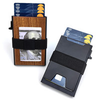 Dompet kartu pria, dompet kartu Pop up penghalang RFID aluminium & kayu minimalis Ultra ramping Logo ukiran kustom dengan pelat dapat diperluas