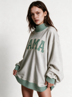 Sweat-shirt à col montant brodé patchwork pour femme, en molleton de coton, manches longues, design patchwork vintage, pull-over OEM