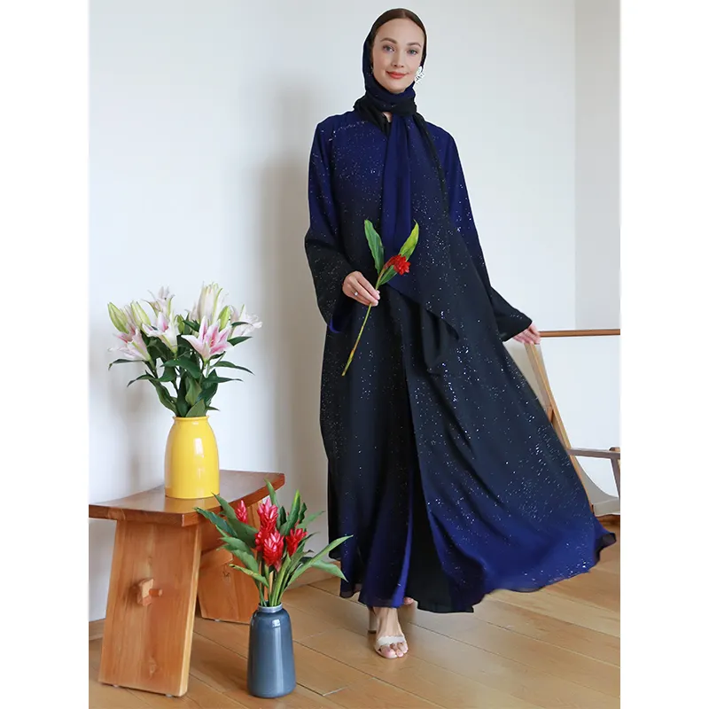 グラデーショングリッターシフォン生地オープンアバヤドレス最新デザインドバイイスラム教徒カーディガン着物無料マッチングショール付き