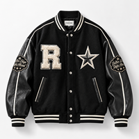 Blouson universitaire oversize coupe ample épaules tombantes avec logo brodé en chenille et manches en cuir – Veste Letterman OEM