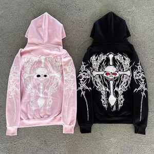 <span class=keywords><strong>Felpa</strong></span> con Cappuccio Personalizzata con Stampa Teschio e Croce Gotica per Uomo e Donna, Stile Y2K Streetwear Oversize con Zip - Product Image 2
