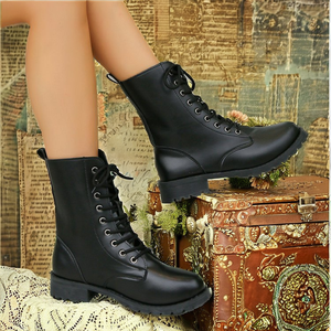 Formal Retro Style Women's Ankle <b>Boots</b> PU Upper Solid Thick Sole Round Toe Lace-up Chunky Heel Short Length - Product Image 2