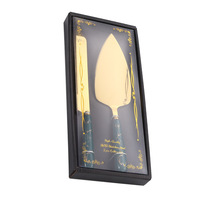 Ensemble de couverts de luxe pour mariage, couteau à gâteau et spatule à tarte en acier inoxydable avec manche en céramique marbrée dorée, livré dans un coffret cadeau