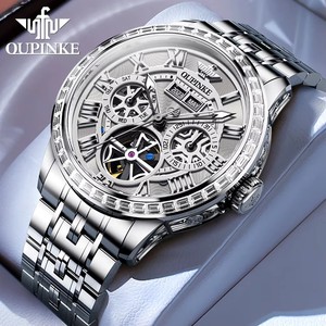 Montre mécanique squelette OUPINKE 3252 pour homme, acier inoxydable, multifonction, lumineuse, étanche, automatique, tourbillon - Product Image 1