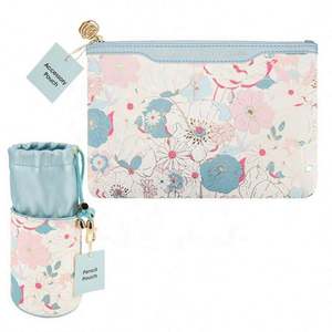 Juego de 2 Bolsas de Maquillaje de Piel Sintética con Cierre, Diseño Original, Etiqueta Privada para Mujer, Color Azul Floral, de Lujo - Product Image 1