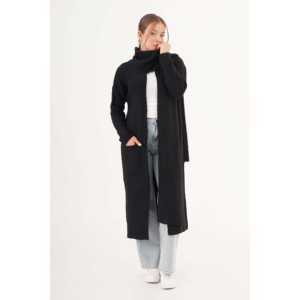 Cárdigan Largo Negro de Punto con Estampado Informal, Cuello de Lazo y Decoración de Botones para Otoño y Primavera - Product Image 2