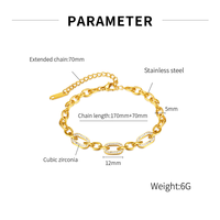 Bracelet chaîne à maillons réglable en acier inoxydable plaqué or PVD pour femme, avec zircone 5A, résistant au ternissement et à l'eau