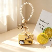 Mini sac carré en similicuir motif chaton mignon, pendentif porte-clés, avec cordon perlé à nœud mignon, rangement pour écouteurs, style rétro Hello