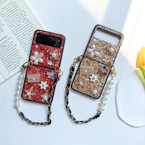 Flip pliable avec fleur paillettes INS Style paillettes strass <span class=keywords><strong>perle</strong></span> dragonne coque de téléphone pour Samsung zfold5 zflip4 zflip6 - Product Image 3