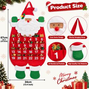 Calendrier de l'Avent de Noël Père Noël, sac suspendu en feutre à 24 poches, décoration de compte à rebours, organisateur de rangement pour cadeaux de fêtes - Product Image 3