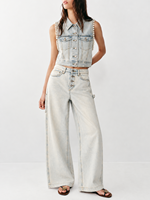 Jean cargo large pour femme, délavage clair, avec détails perles, fermeture boutonnée, en denim vintage, idéal pour tenues de soirée et de rue, OEM ODM