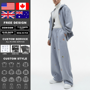 KINGSEN Wholesale Custom Men's Embroidered Polyester/Cotton Terry Breathable Character Winter 2 Way Zip Hoodie <b>Sweatpants</b> <b>Set</b> - Product Image 2