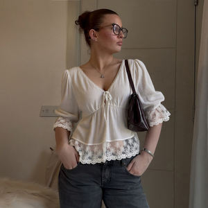 Summer Knitted Eco-Friendly Lace Trim V <b>Neck</b> <b>Blouse</b> <b>Tie</b> Front Detail Loose Fit Casual Short Sleeve Top - Product Image 5