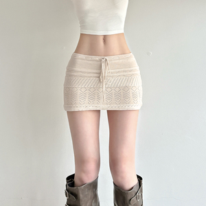 INS Spring Autumn Knit Cutout Crochet A Line Mini <b>Skirt</b> Women <b>Low</b> <b>Waist</b> Tie Detail Soft Pure Style Fashion <b>Skirt</b> - Product Image 3