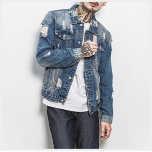 Veste en jean déchirée délavée bleue coupe ajustée à col rabattu grande taille pour homme – Style décontracté et tendance - Product Image 5
