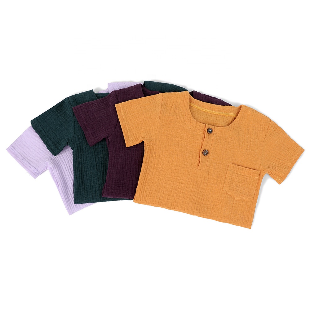 2019 пуговицы 100% хлопок муслиновый короткий рукав пользовательские повседневные пуговицы дешевые рубашки для маленьких мальчиков