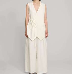 Women's White Linen Two-Piece Set Sleeveless V-Neck Top With Drawstring Wide Leg <b>Pants</b> Loose Fit Spring <b>Summer</b> Minimalist Style - Product Image 1