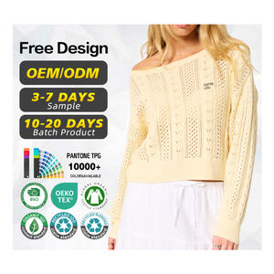 Pull en coton et polyester à motif ajouré, tricoté en câble, jaune, crocheté, avec logo personnalisé, certifié GRS, fabriqué par un fabricant de pulls - Product Image 1