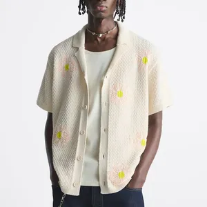 맞춤형 여름 니트웨어 꽃 크로 셰 뜨개질 셔츠 면 남성용 반팔 가디건 자카드 셔츠